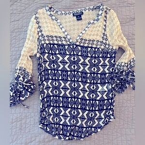 Lucky Brand blouse blue cream sheer geometric boho hippie XS